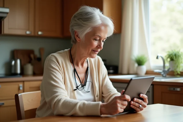 Senior femme utilisant une tablette à grandes touches dans sa cuisine pour faciliter son quotidien à domicile