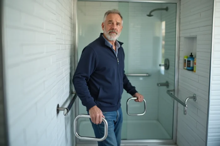 Senior homme installant des équipements de sécurité dans la salle de bain pour prévenir les chutes à domicile