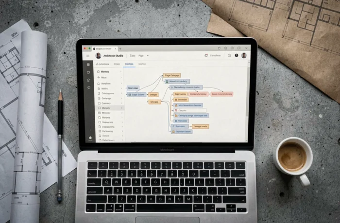 Vue en plongée d'un écran d'ordinateur affichant le sitemap d'un site d'architecture posé sur un bureau en béton avec des plans architecturaux