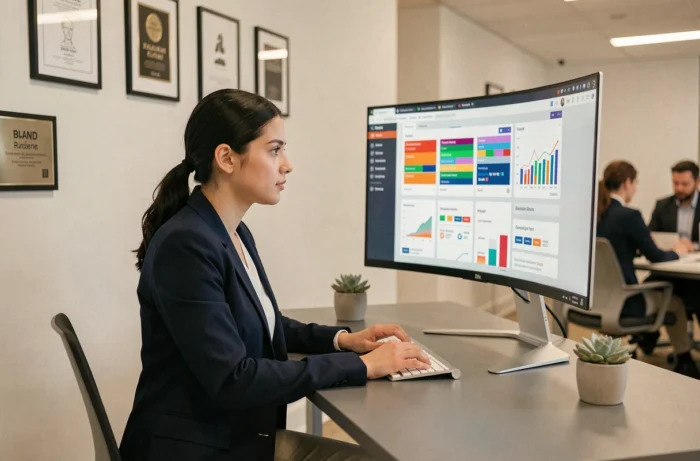 Spécialiste en marketing digital analysant des tableaux de bord de présence en ligne sur un écran dans une agence web moderne