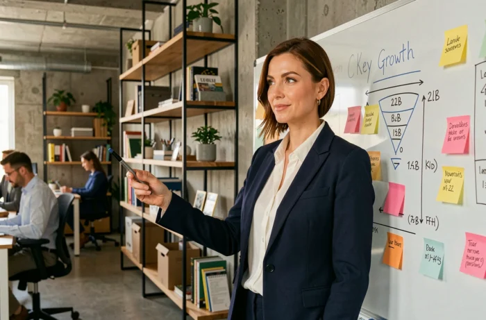 Femme cadre présentant une stratégie marketing B2B sur un tableau blanc dans un bureau moderne