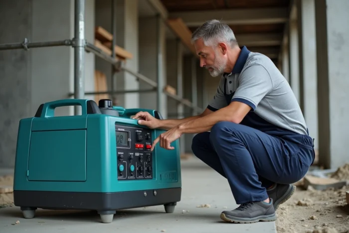 Technicien inspectant le panneau de contrôle d'un groupe électrogène sur chantier de construction