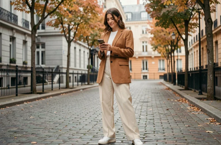 Femme élégante en blazer camel oversize et pantalon large crème dans une rue parisienne pavée — tendance mode moderne automne