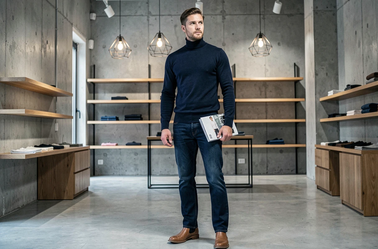 Homme stylé en col roulé marine et jean droit dans un concept store contemporain — look mode masculin tendance saison