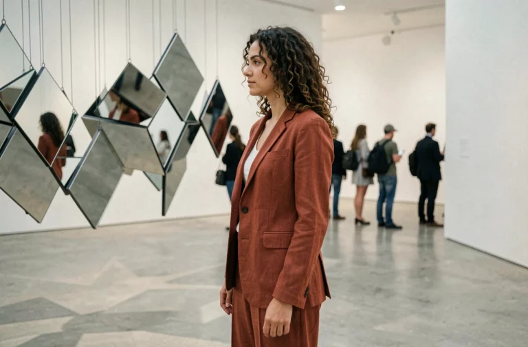 Femme contemplant une installation artistique contemporaine dans une galerie d'art moderne aux murs blancs et sol en béton