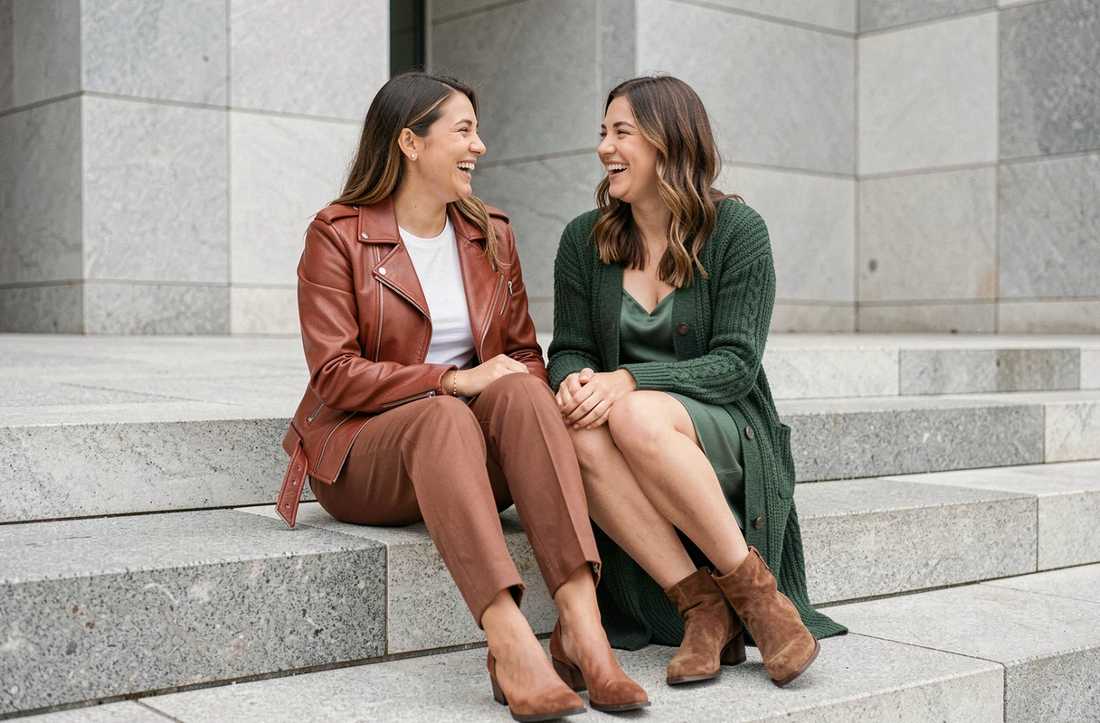 Deux femmes aux tenues tendance automne-hiver assises sur les marches d'un musée moderne — styles complémentaires cuir et maille