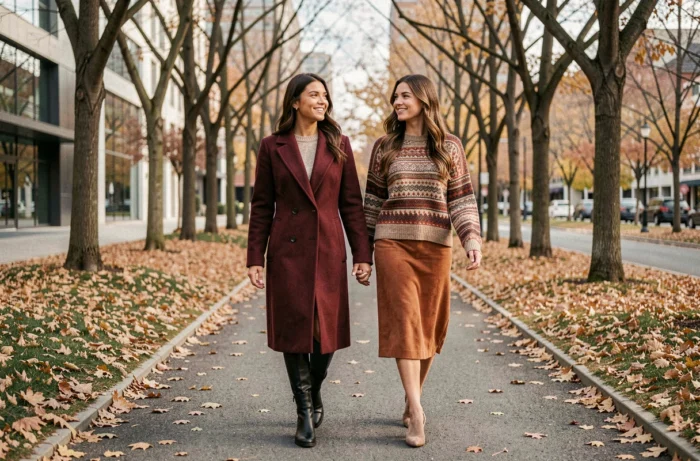 Deux femmes stylées en manteau bordeaux et pull tricoté terracotta se promenant dans un parc urbain en automne, tendances mode saison