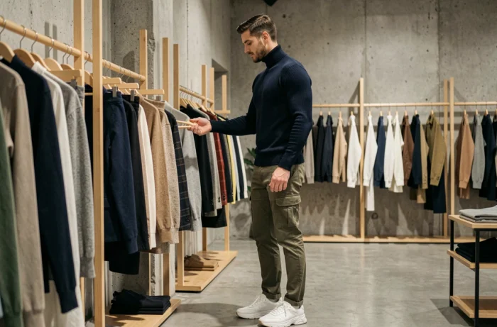 Homme en col roulé marine et cargo olive dans une boutique de mode minimaliste, tendances mode masculine saison