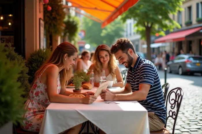 Groupe d'amis attablés en terrasse d'un restaurant tendance par une belle journée ensoleillée en ville