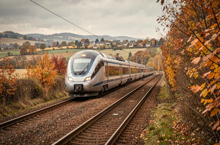 TGV traversant un paysage rural français en automne, nouvelles tendances du transport ferroviaire 2024