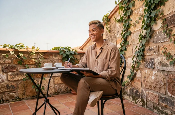 Travailleur indépendant créatif faisant une pause en terrasse de café avec tablette et carnet, illustrant l'épanouissement professionnel autonome