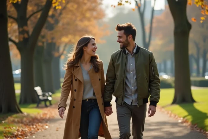 Couple se promenant et riant dans un parc lors d'un troisième rendez-vous romantique en automne