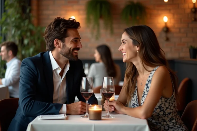 Couple souriant lors d'un troisième rendez-vous romantique dans un restaurant intime avec verres de vin et décor en brique