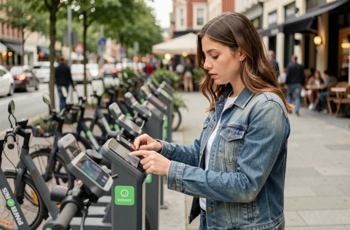 Jeune femme déverrouillant une trottinette électrique en libre-service en ville, mobilité urbaine et tendances transport 2024
