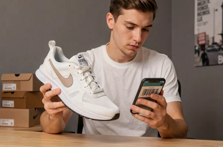 Homme vérifiant le code UPC d'une sneaker Nike avec une application mobile de scan de code-barres
