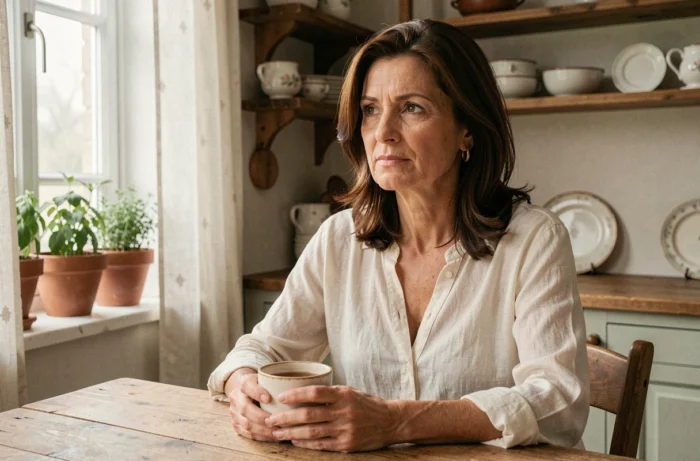 Véronique Jacquier dans un cadre intimiste de cuisine, évoquant sa vie privée et familiale