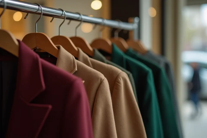 Détail des vêtements invendus sur cintre dans un magasin Christine Laure avant liquidation