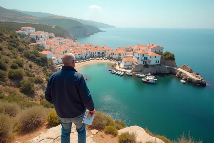 Vue panoramique d'un village de pêcheurs portugais en bord de mer avec maisons blanches et bateaux colorés dans le port, investisseur contemplant le paysage