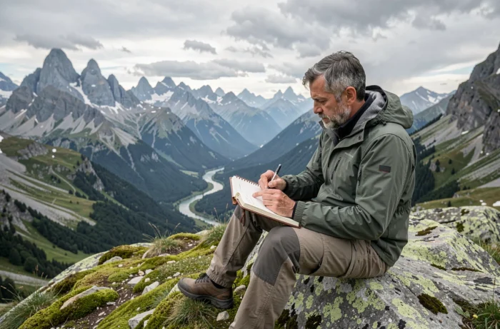 Homme voyageur écrivant dans un carnet de voyage en cuir assis sur un rocher avec une vue panoramique sur une vallée alpine