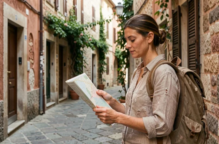 Voyageuse consultant une carte papier dans une ruelle pavée d'une vieille ville méditerranéenne avec son sac à dos de randonnée