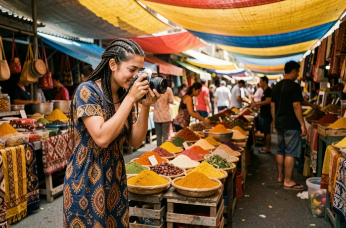 Jeune femme photographiant un étal de marché coloré aux épices et textiles dans un marché de rue en Asie du Sud-Est avec un appareil photo argentique