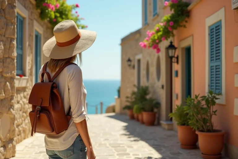 Voyageuse explorant une ruelle pittoresque d'un village méditerranéen aux façades colorées et aux ruelles pavées
